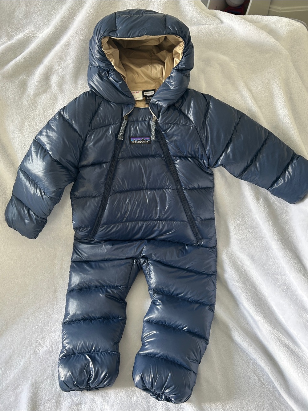 Patagonia Navy and Tan Infant Down One-Piece